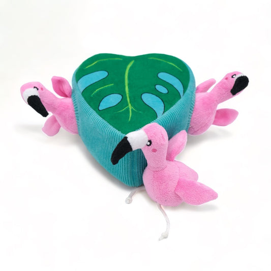 3 Flamingos in Monstera Leaf Interactive Burrow Dog Toy